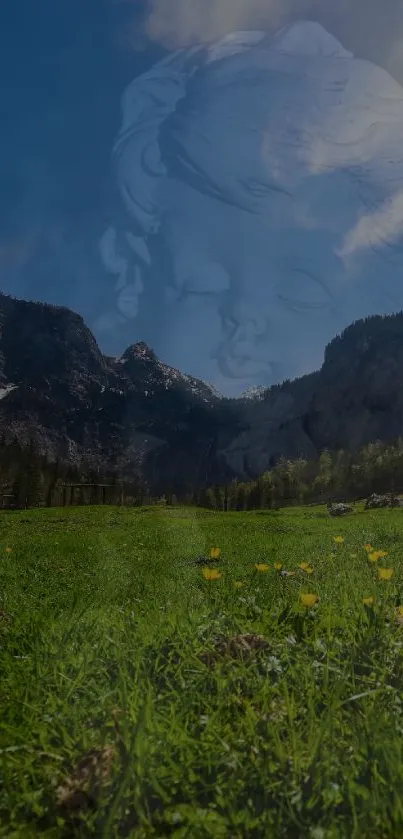 Serene meadow with angelic face in sky above mountains.