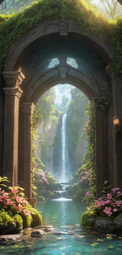 Peaceful archway with a waterfall framed by lush greenery and pink flowers.