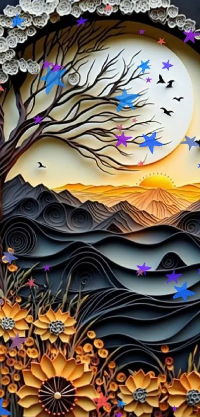 Artistic nature wallpaper with sunset and flowers.