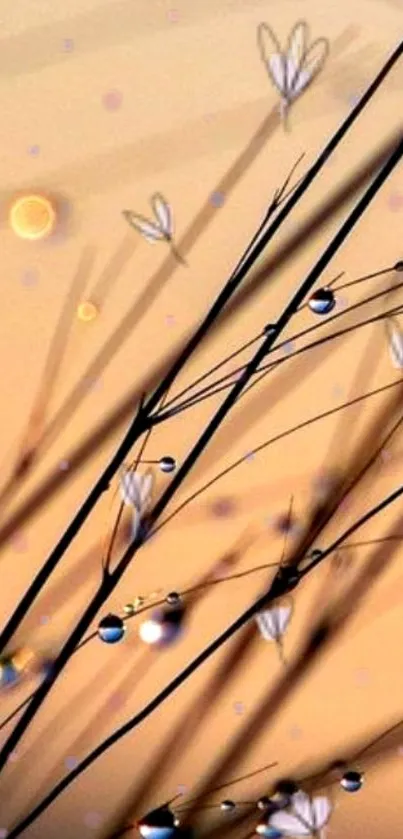 Delicate twigs with droplets on soft beige background.