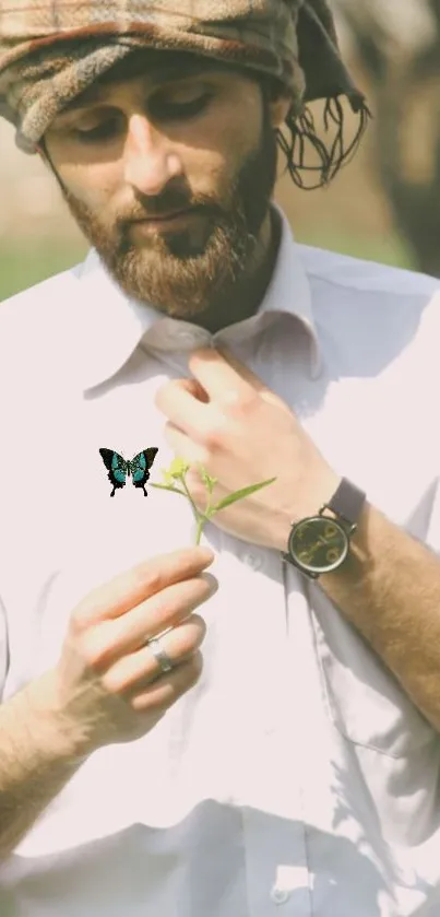 Close-up of butterfly perched on a man's hand in a serene outdoor setting.