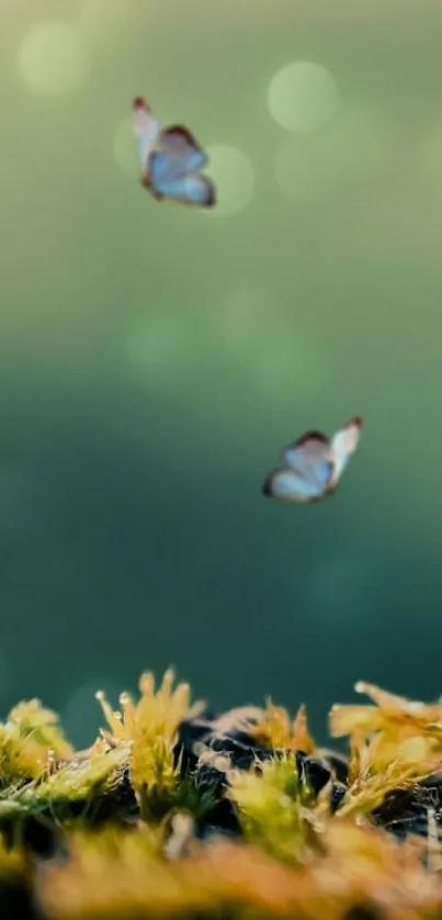 Butterflies soaring over lush green vegetation.