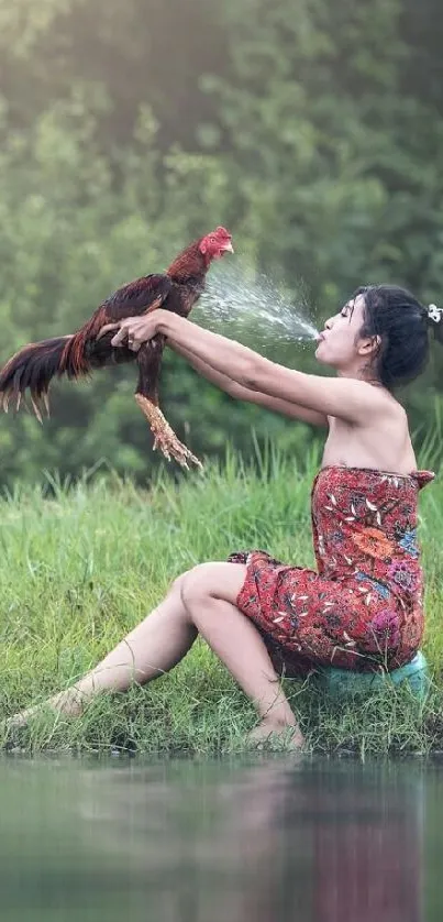 Woman and rooster by serene lake in nature setting.