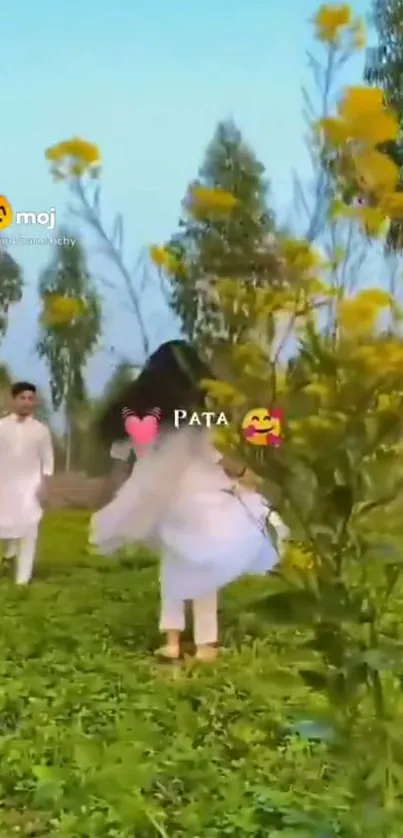 Couple enjoying nature in green field with yellow flowers.