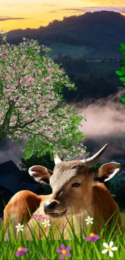 Serene scene of a cow amid grass and blossoms with a sunset background.