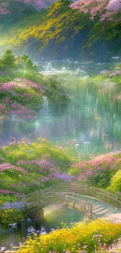 Serene landscape with lush greenery and colorful flowers by a peaceful stream.