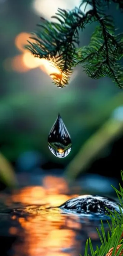 A droplet with forest reflection and river scene.