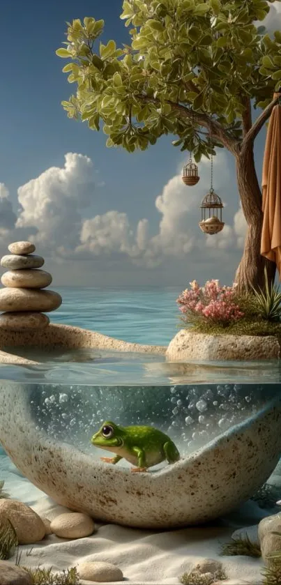 Whimsical nature scene with frog and tree.