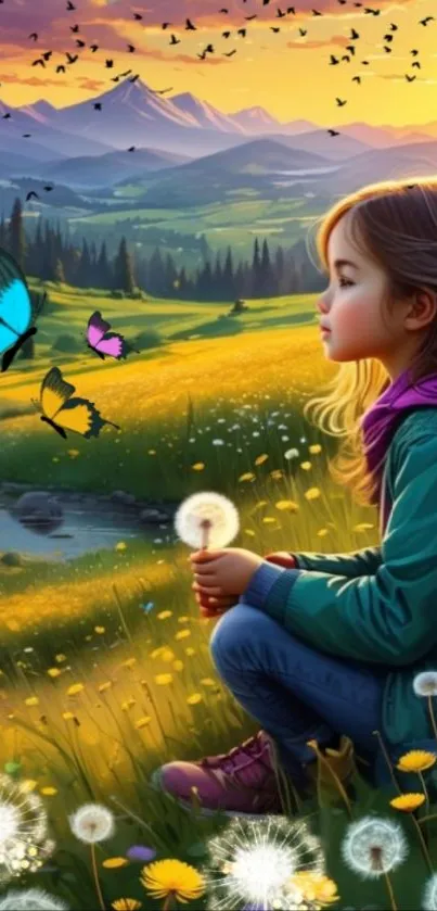 Girl in nature with butterflies and dandelions, under a golden sky.