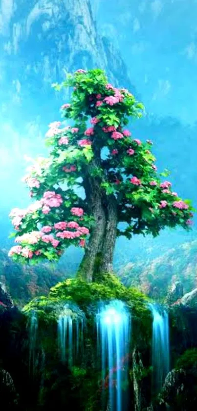 Vibrant fantasy tree with flowers and waterfalls in blue mountains.