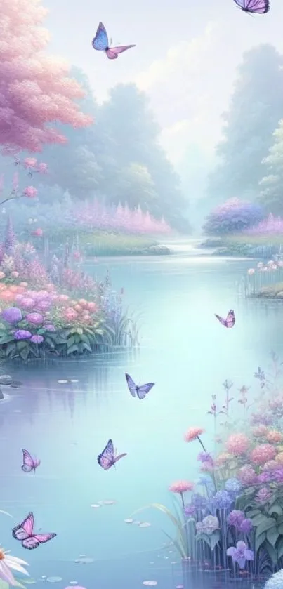 A serene landscape with butterflies, colorful flowers and a tranquil river.