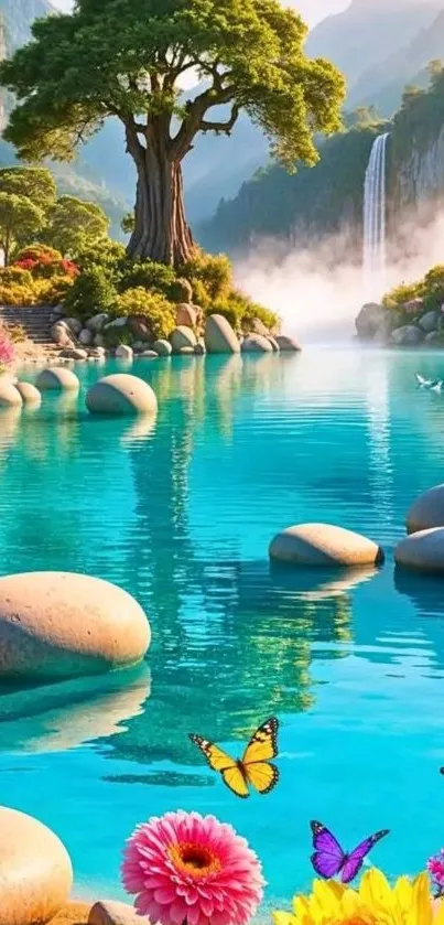 Serene landscape with tree, butterflies, and waterfall.