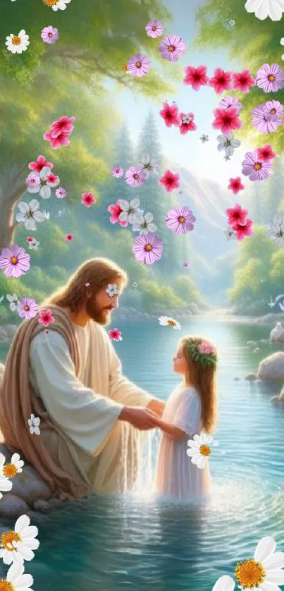 A spiritual figure with a child, surrounded by flowers in a serene nature setting.