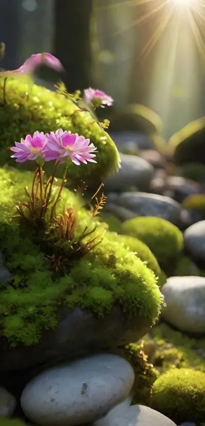 Serene nature wallpaper with pink flowers and mossy stones in sunlight-filled forest.