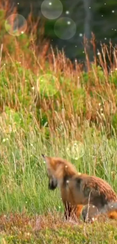 Fox in a lush green meadow with sparkling lights.