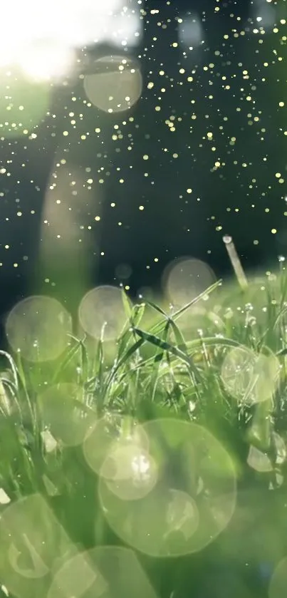 Serene green grass with sunlight rays.