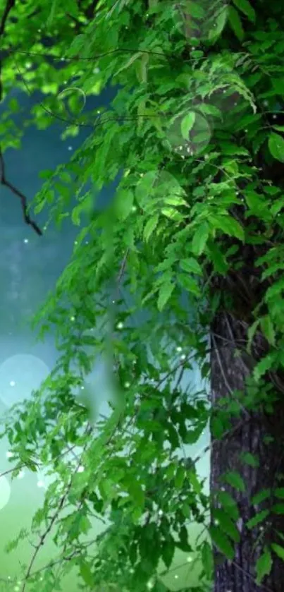 Wallpaper of lush green leaves on a tree trunk, creating a serene natural backdrop.