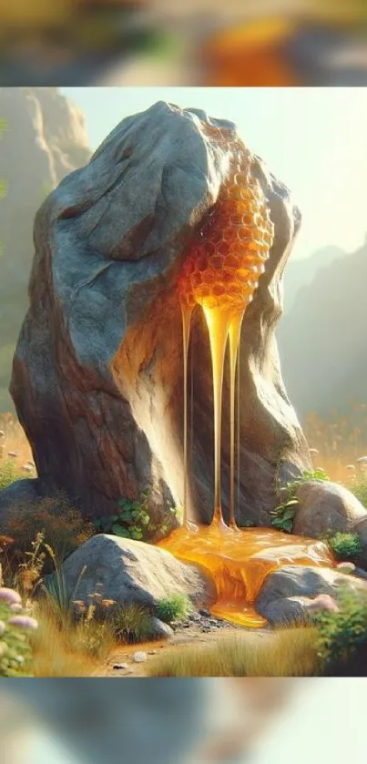 Nature scene with a rock and honey-like liquid flowing.