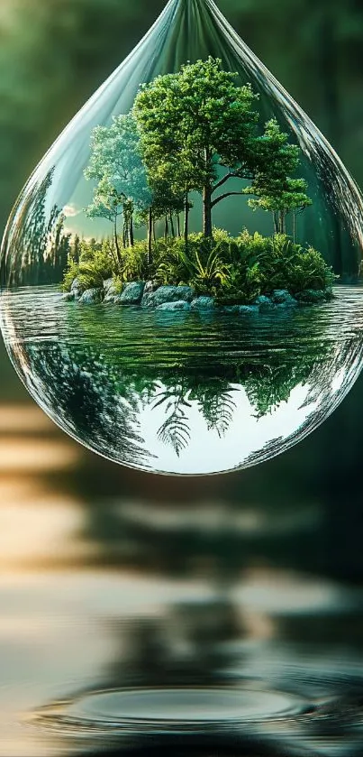 Lush forest encapsulated in a water droplet reflecting a tranquil scene.
