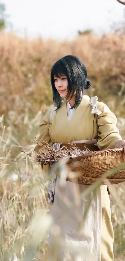 Woman in traditional attire with basket in golden grass field.