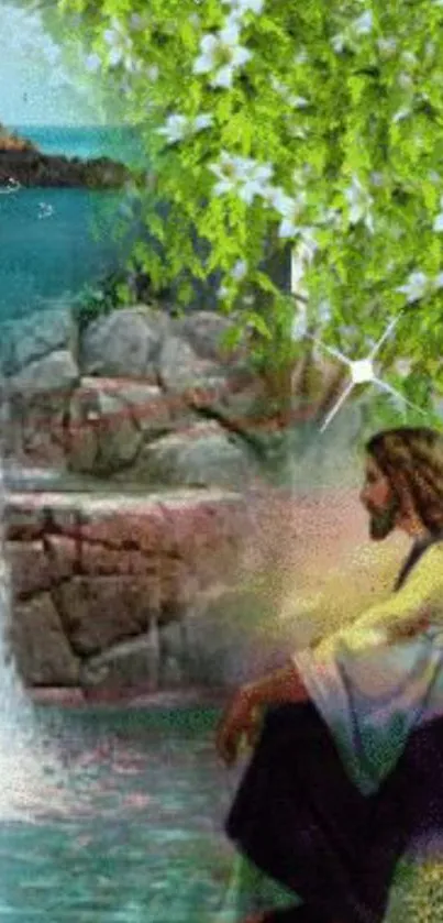 Wallpaper of Jesus sitting by a tranquil waterfall with lush greenery.