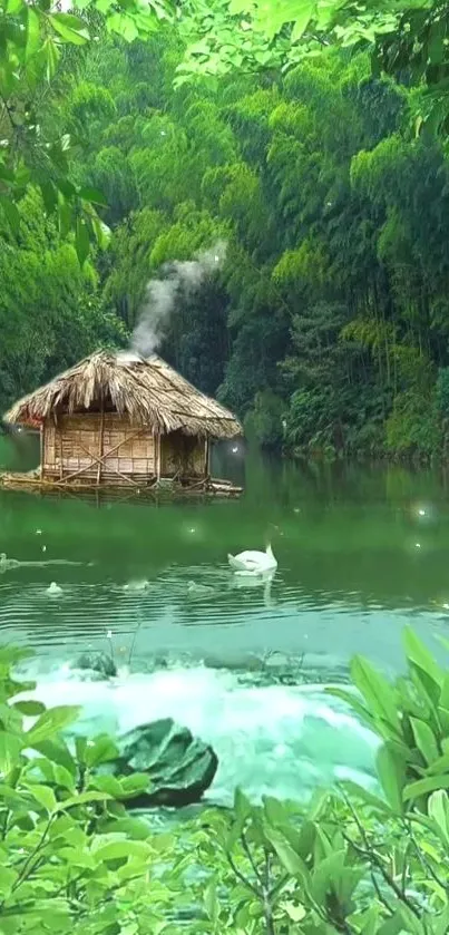 Serene lake with hut and swan in lush green forest wallpaper.