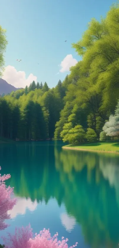 Serene lake with lush trees and colorful flowers in a tranquil nature setting.