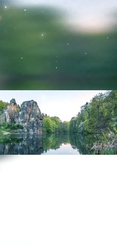 Serene landscape wallpaper with green trees and reflective water.