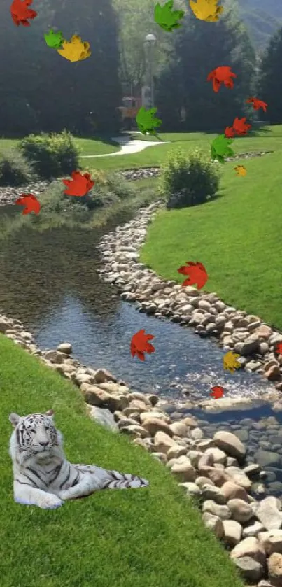 A peaceful landscape with a stream and white tiger in lush greenery.