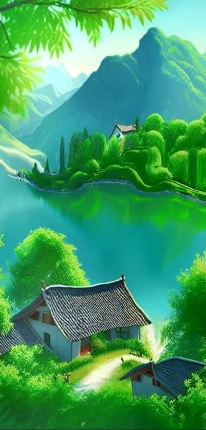 Serene green mountains and cottages by tranquil blue water.