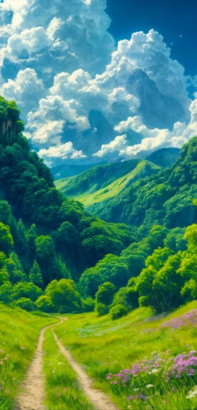 Serene landscape wallpaper with green valleys and mountains under blue skies.