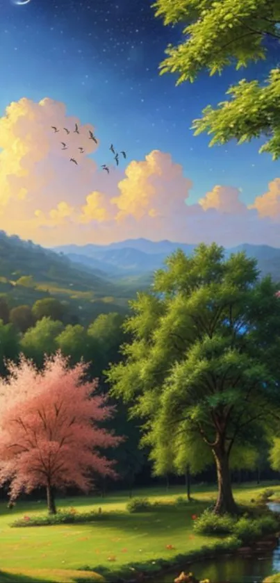 Tranquil nature landscape with lush trees and cherry blossoms under a vibrant sky.