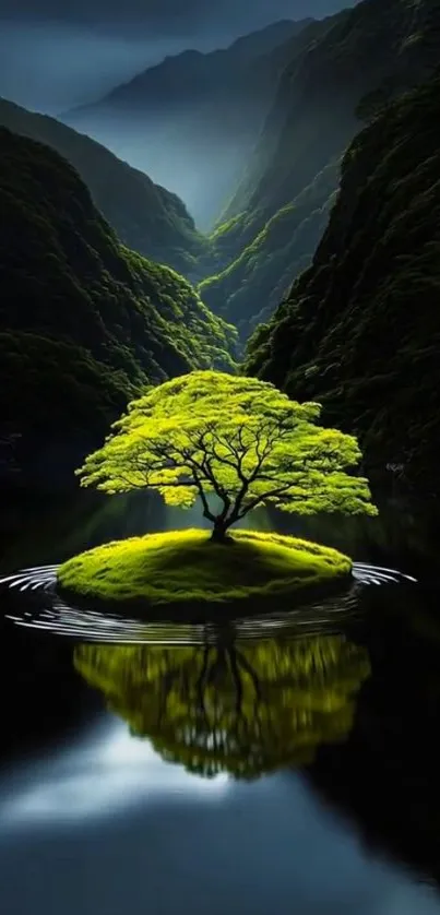 Lone green tree in serene lake landscape.