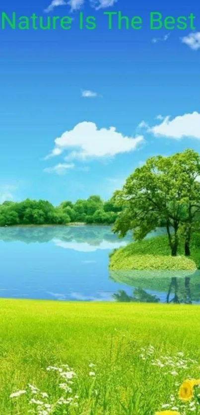 Serene landscape with greenery and lake under blue sky.