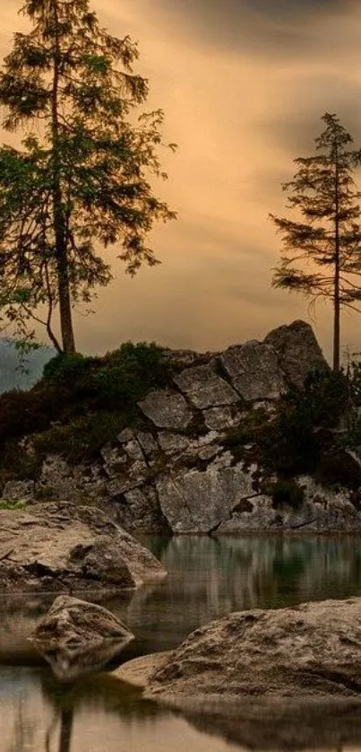 Serene landscape with trees and rocky shore reflecting on a calm lake.