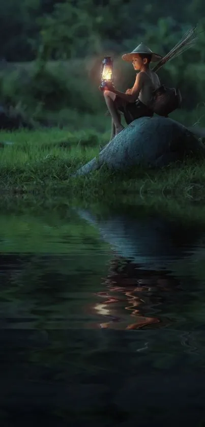 Boy with lantern by riverside in nature.