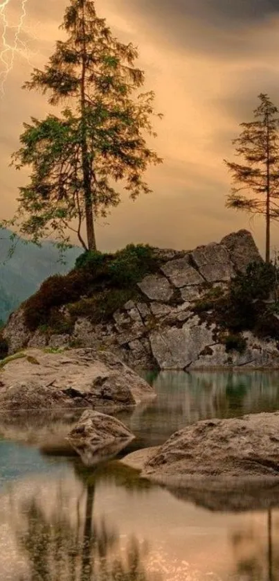 Peaceful nature scene with lightning over rocky islands and trees.