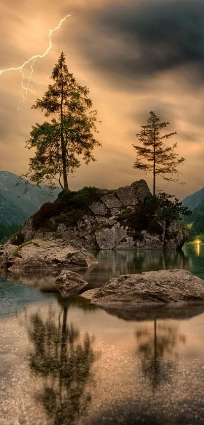 Serene lake scene with lightning and trees.