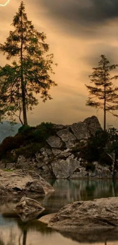 Dramatic scene with lightning over a rocky lake and towering trees.