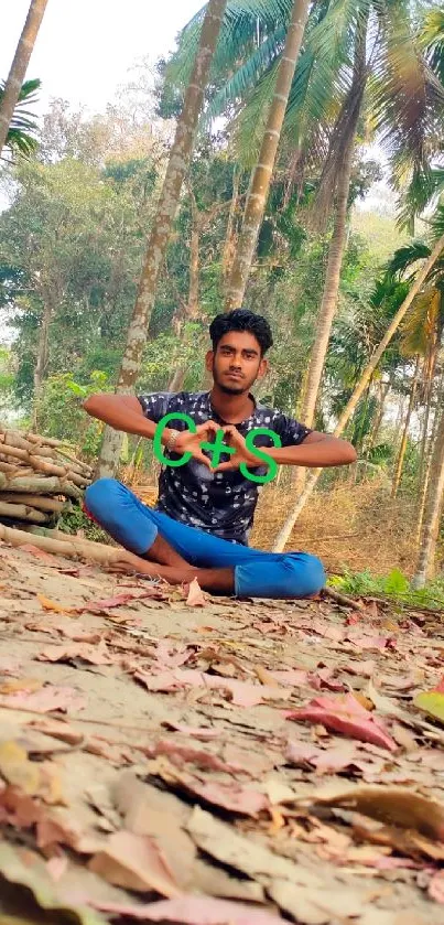 Meditative scene in forest with person seated, surrounded by trees.