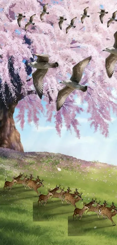 Nature wallpaper with cherry blossoms, flying birds, and deer in a lush landscape.