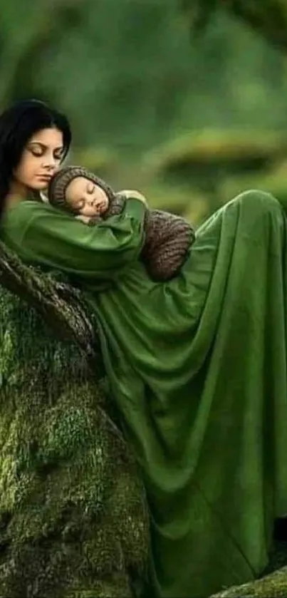 Mother and child resting in serene green nature.