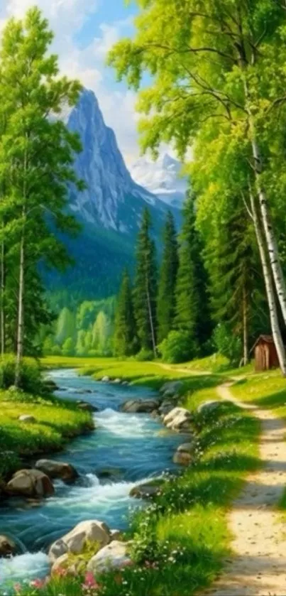 Lush green forest path with flowing stream and mountains.