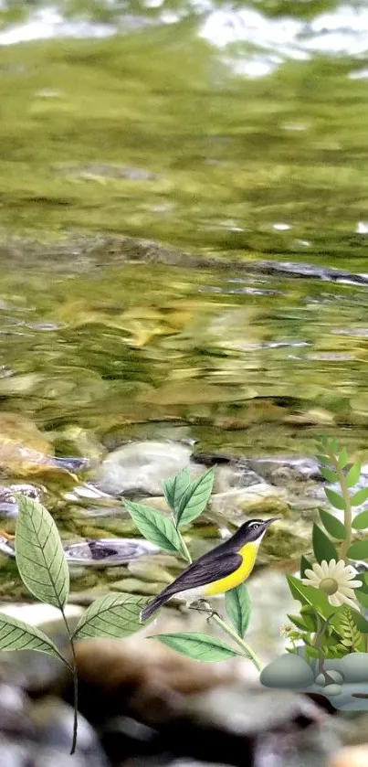 Nature wallpaper with stream, bird, and plants.