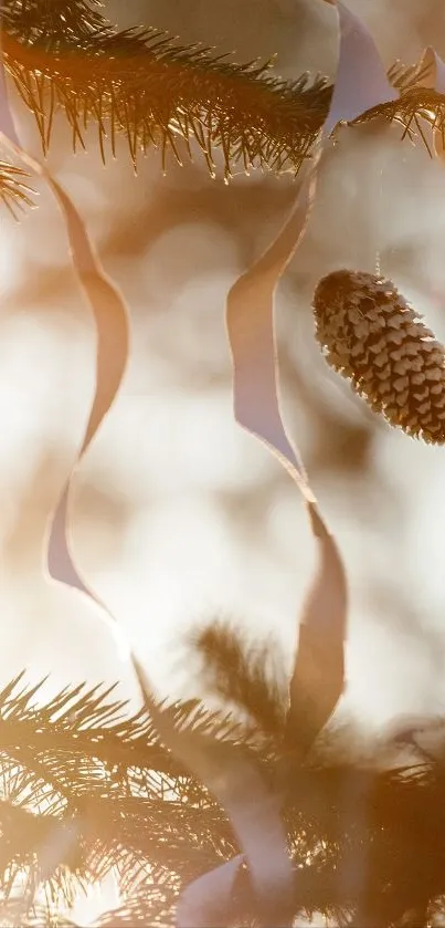 Serene pine cone under soft golden light with nature elements.