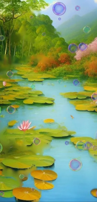 Serene wallpaper of a pond with lotus and bubbles.