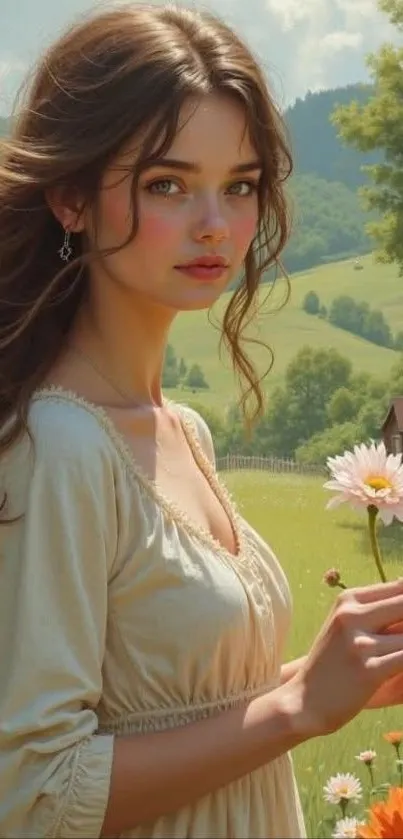 Nature-inspired portrait with flowers in a serene landscape.