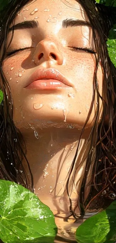 Serene face among lush green leaves.