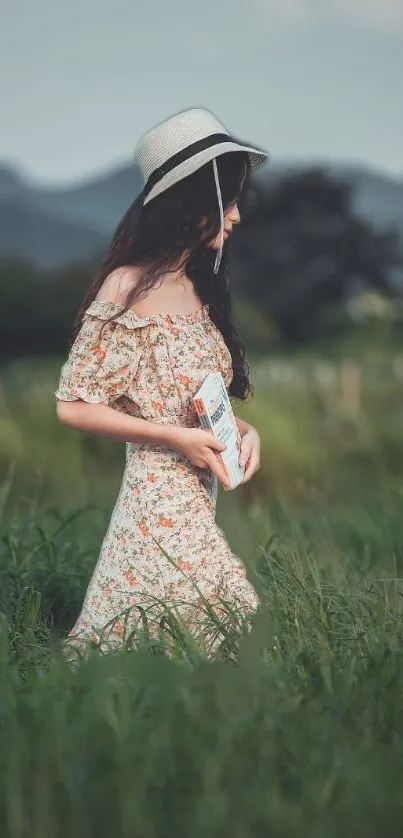Woman in floral dress and hat standing in a lush green field.