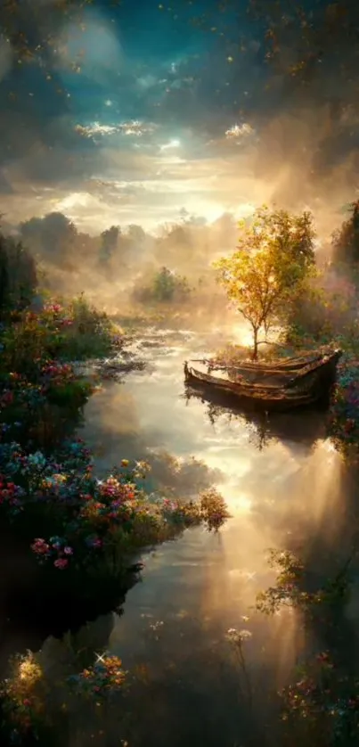 A serene nature scene with a boat and vibrant flowers reflecting on calm waters.